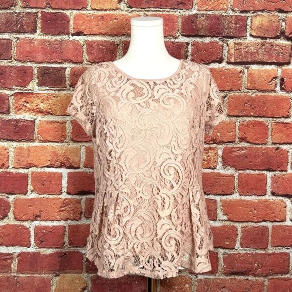 Adrianna Papell Women's Blush Pink Crochet‎ Short Sleeve Top Size Medium ECU